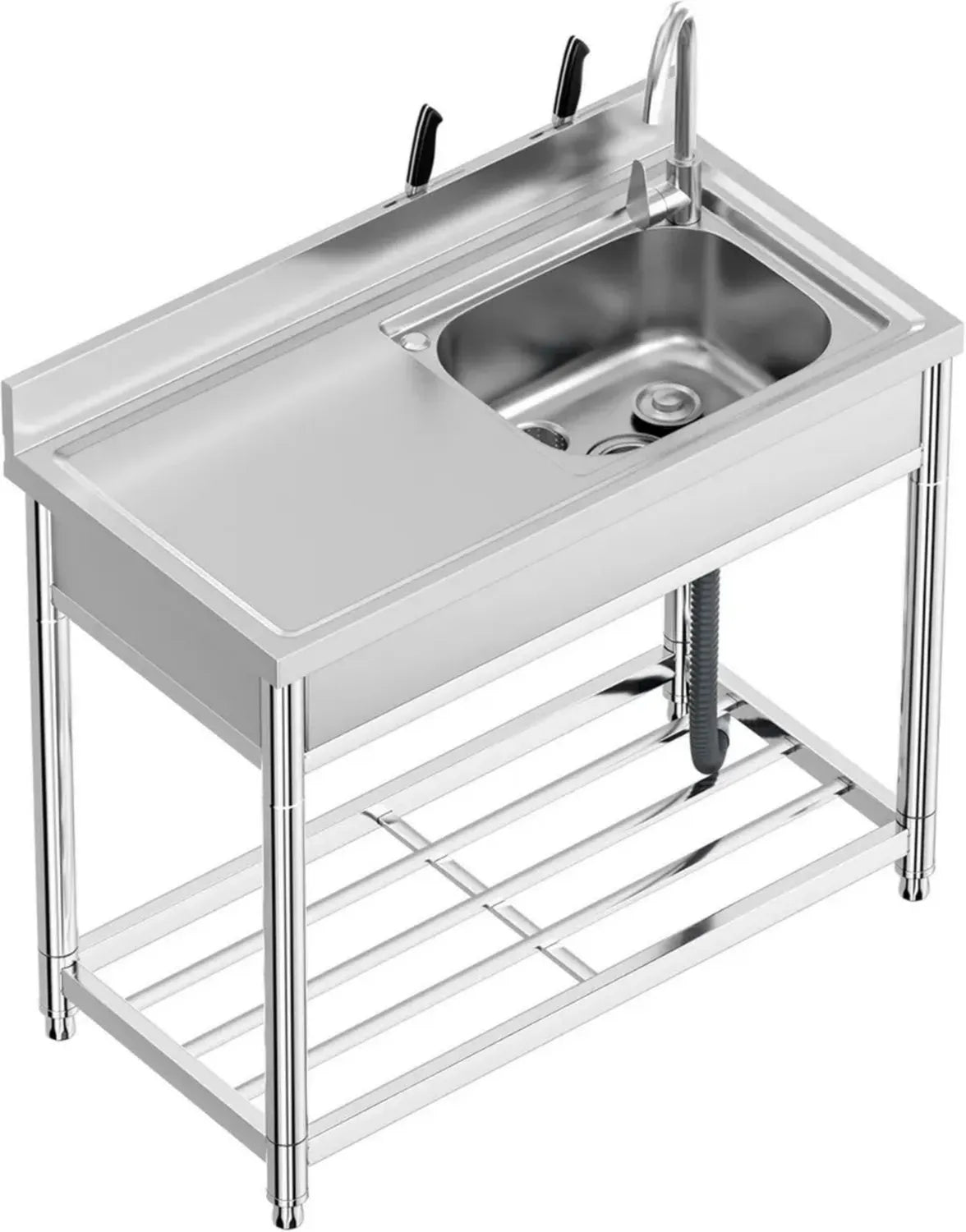 Évier de Cuisine en Acier Inoxydable avec Plan de Travail, 1 Bac, 100x50x94 cm, Usage Intérieur et Extérieur