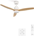Ventilateur de Plafond Blanc avec Lumière et Télécommande, Pales en Bois Naturel, 6 Vitesses, 132 cm