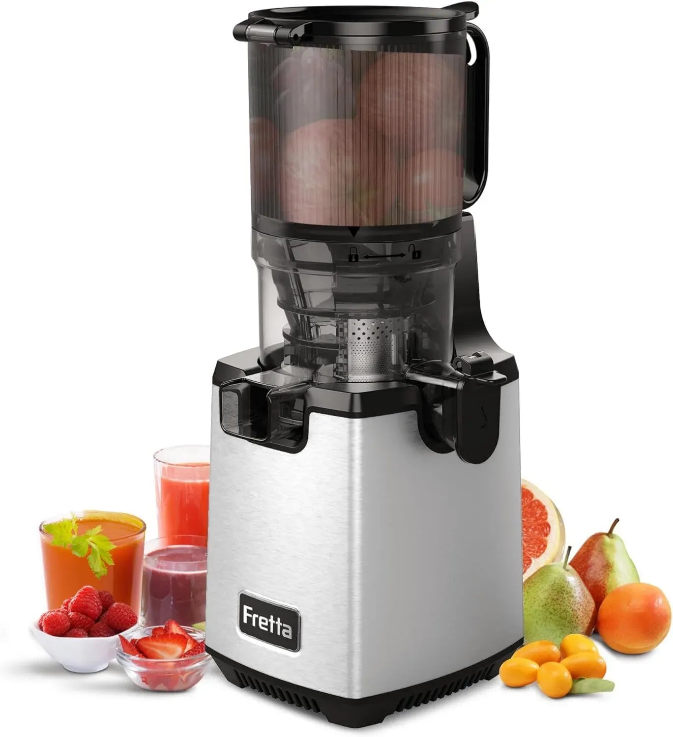 Extracteur de Jus à Mastication Lente Fretta, Goulotte Large 135mm, Presse-agrumes Automatique en Inox, 250W, Facile à Nettoyer, Sans BPA