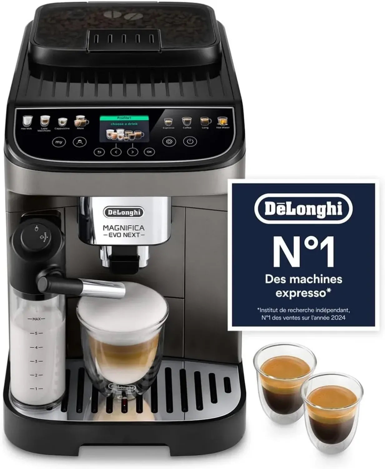 De'Longhi Magnifica Evo Next - Machine à Café Automatique avec Mousseur à Lait LatteCrema, 13 Boissons, Écran Tactile, Titane/Noir