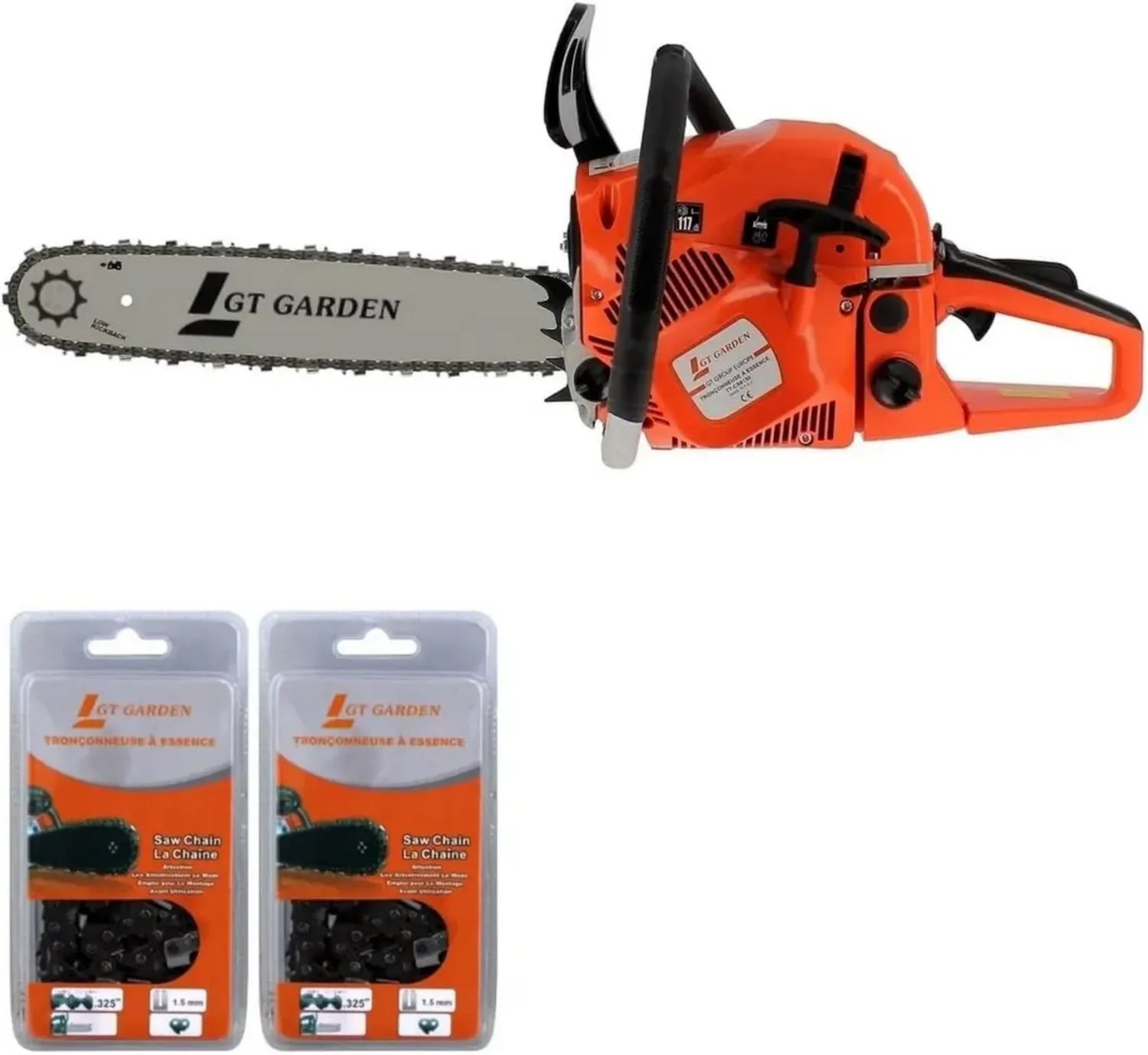 Tronçonneuse à Essence 62 cm³, 3,5 CV, Guide de 40 cm avec 2 Chaînes