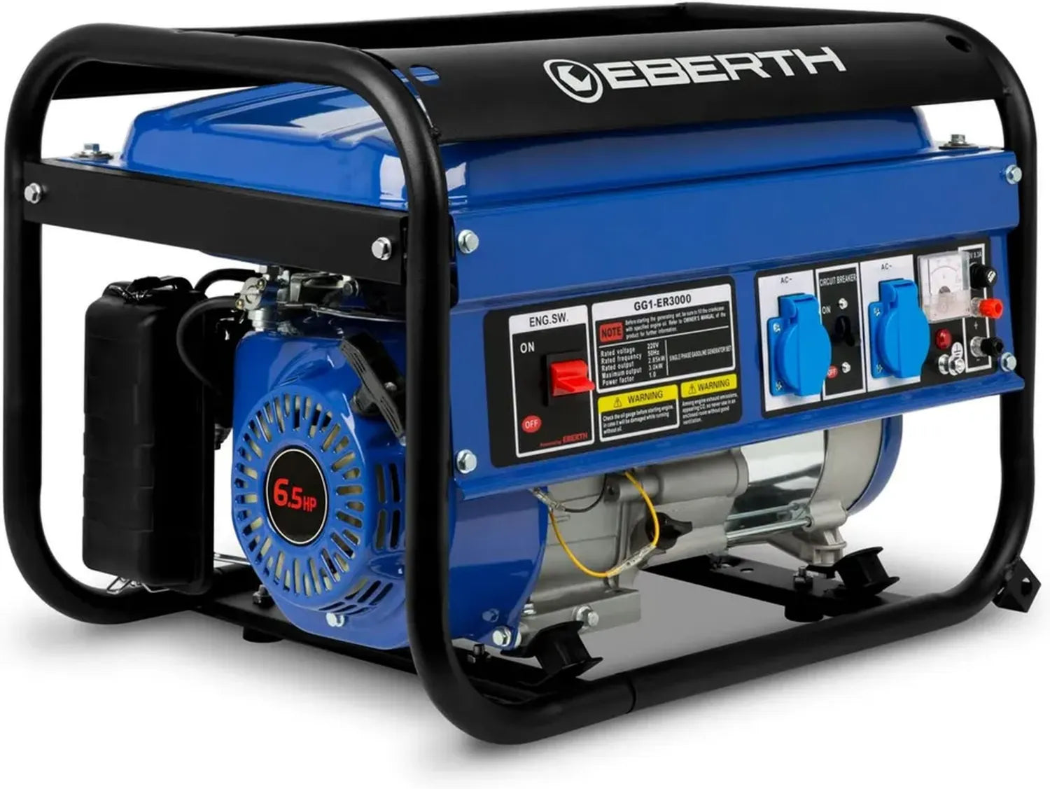 Générateur Portable EBERTH 3000W, Essence, 4 Temps, 6,5 CV, 2 Prises 230V, 1 Prise 12V, Démarrage Facile, AVR, Protection Huile