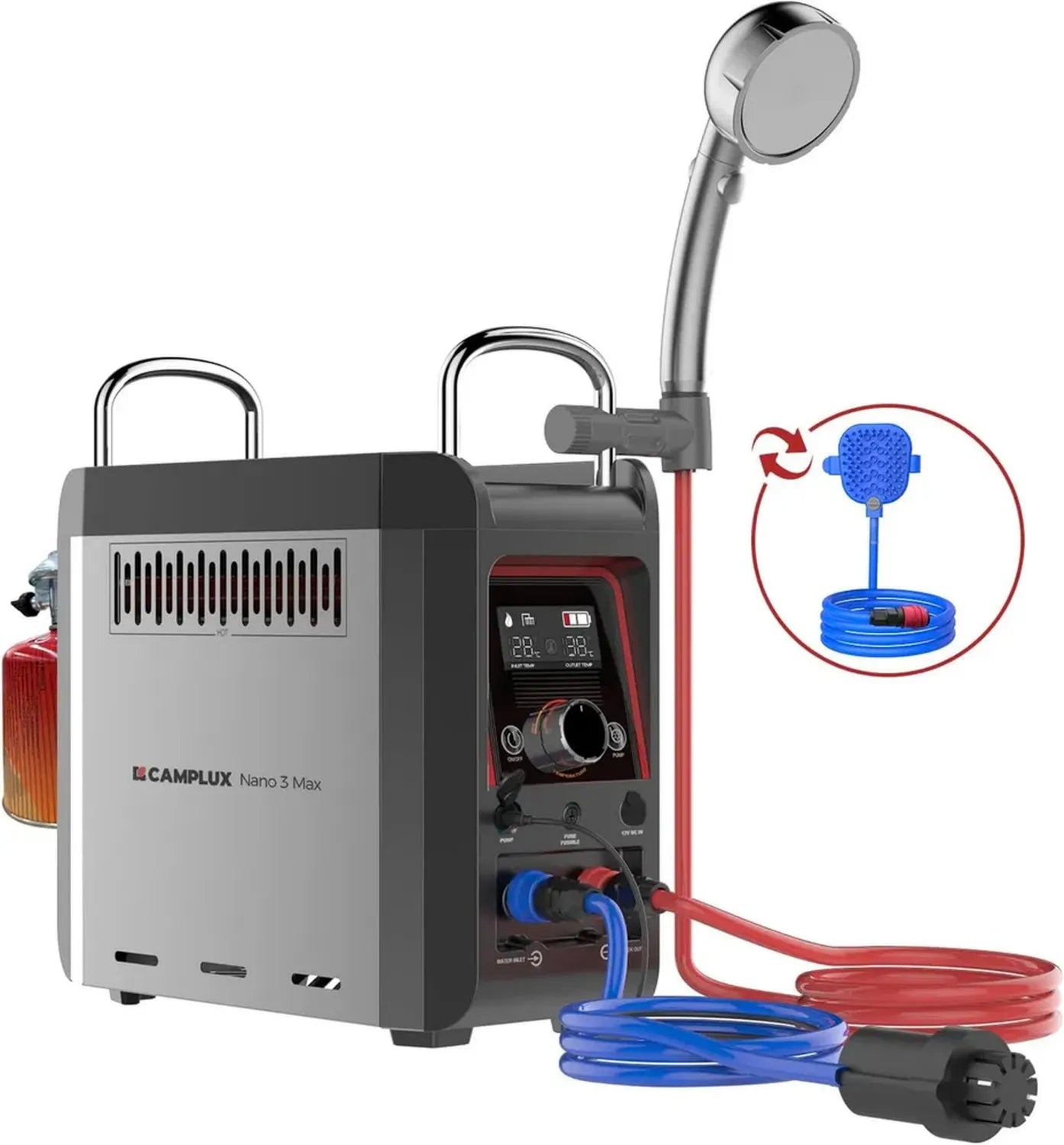 Chauffe-Eau à Gaz Portable CAMPLUX Nano 3 Max - Kit Douche Extérieure avec Batterie et Pompe Intégrées, Idéal pour Camping et Vanlife
