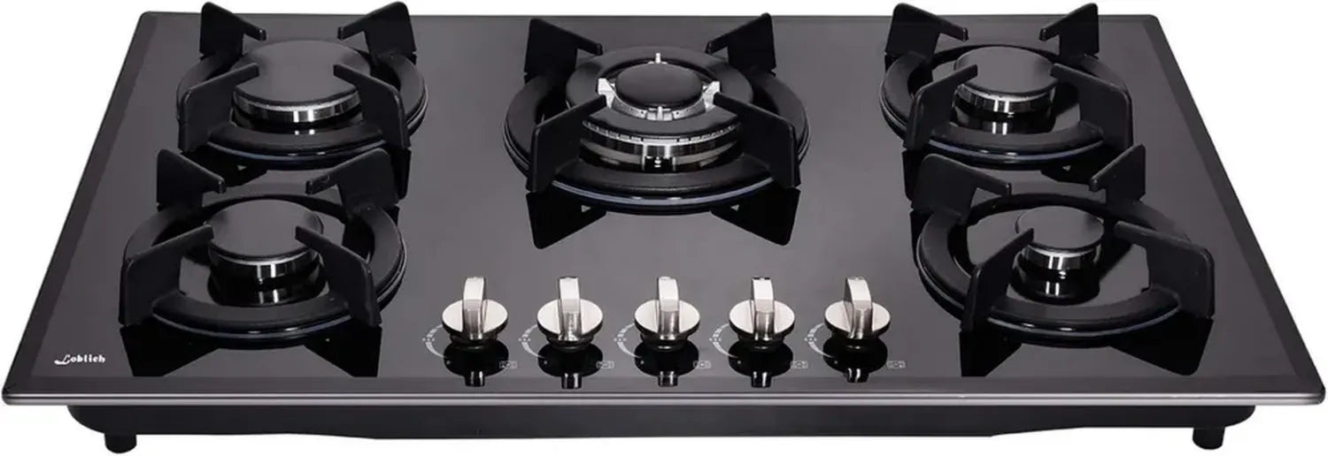 Plaque de cuisson à gaz 76 cm 5 feux avec grilles en verre et fonte – Conversion LPG/NG, Noir