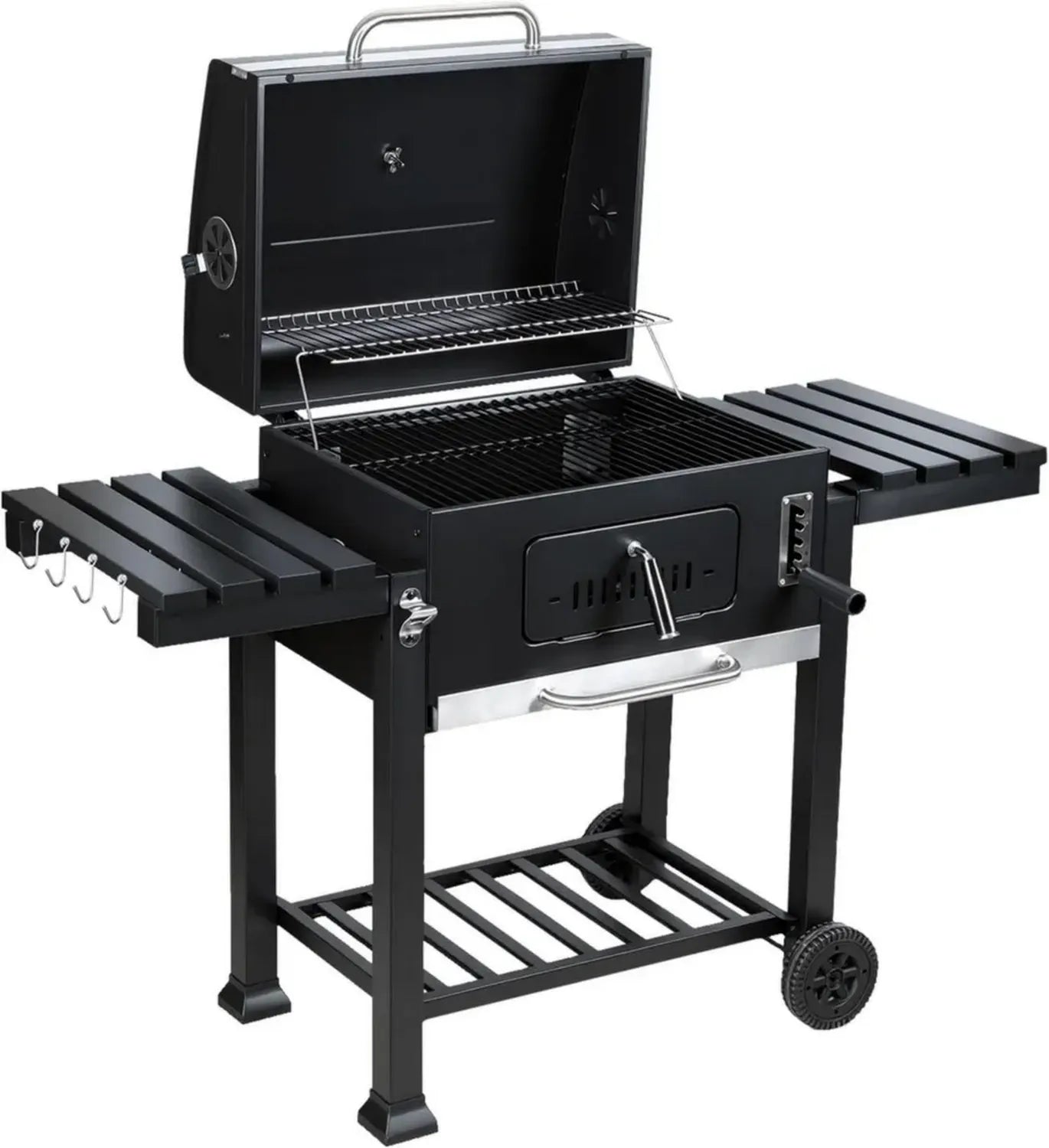 Grill à Charbon avec Couvercle et Thermomètre, Chariot Réglable avec Étagères Pliables