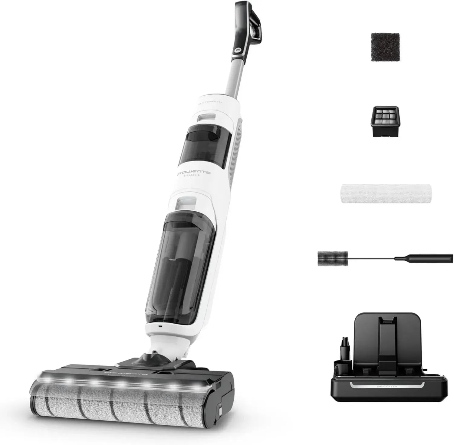 Rowenta X-Clean5, Aspirateur sans Fil 2-en-1 avec Nettoyage Intégré, Détection Automatique, Éclairage LED, Auto-Nettoyage, Séchage à Air Chaud, Modèle GZ5557EE, Blanc/Noir