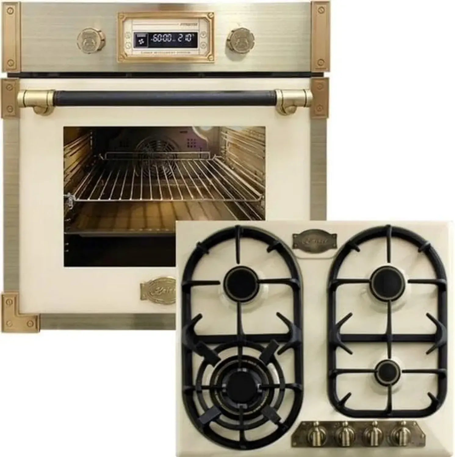 Ensemble Four Pyrolyse et Cuisinière Gaz Rétro Kaiser - 73L - Verre Ivoire - 60 cm