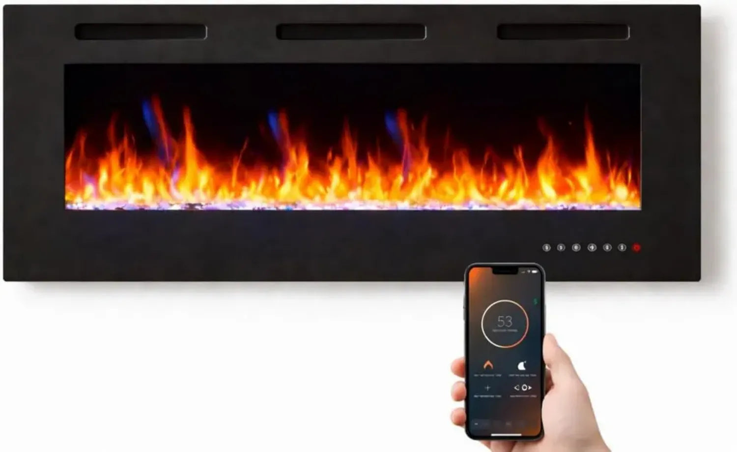 Cheminée Électrique Murale Intelligente avec WiFi, Écran Tactile et Télécommande, Verre Trempé, 750/1500 W, Effet de Flamme Ajustable, 107 cm