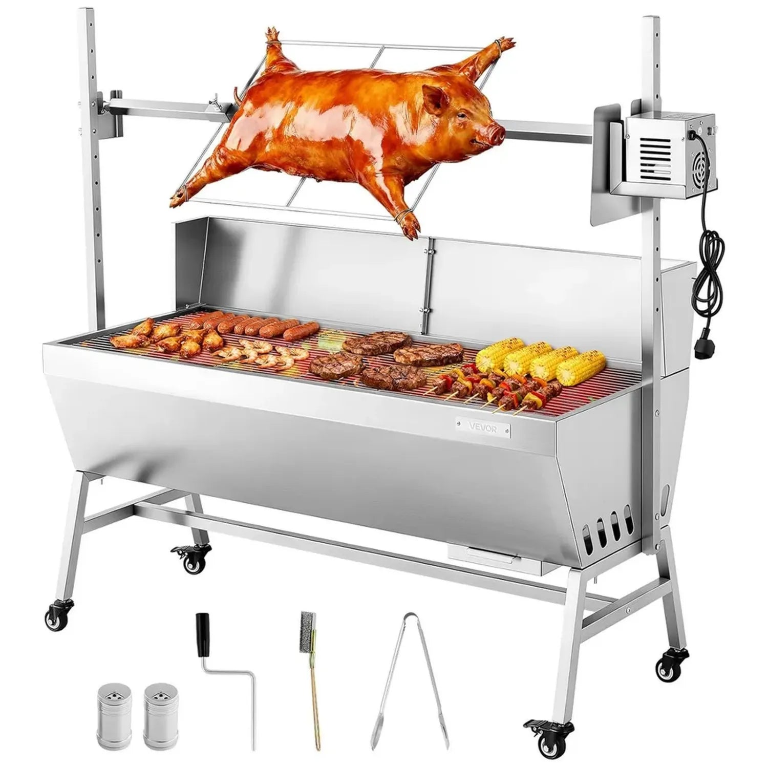 VEVOR Barbecue au Charbon avec Rôtissoire Électrique, Capacité 60 kg, Hauteur Réglable, Inox, Pour Viandes en Extérieur