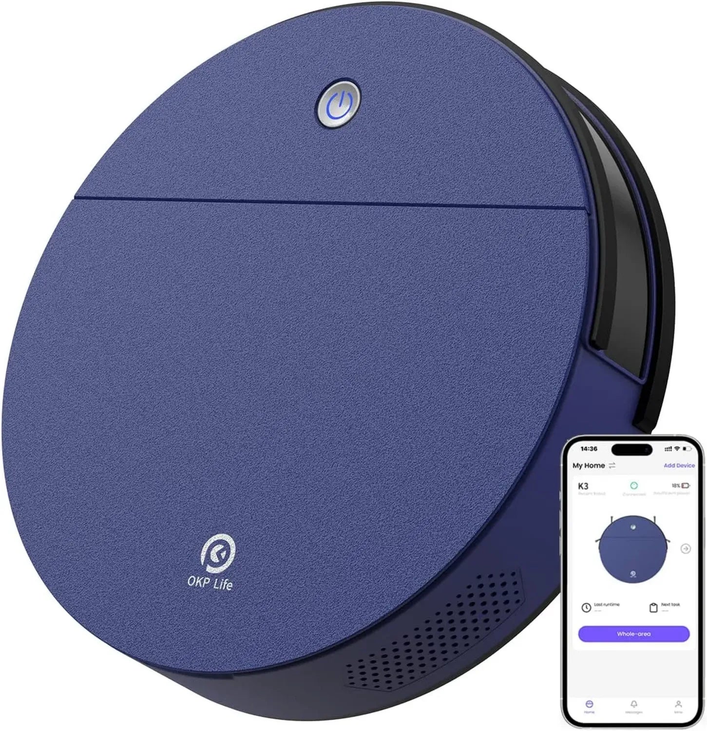 Aspirateur Robot OKP Mince et Silencieux, Compatibilité Alexa et WiFi, Idéal pour Poils d'Animaux et Sols Durs