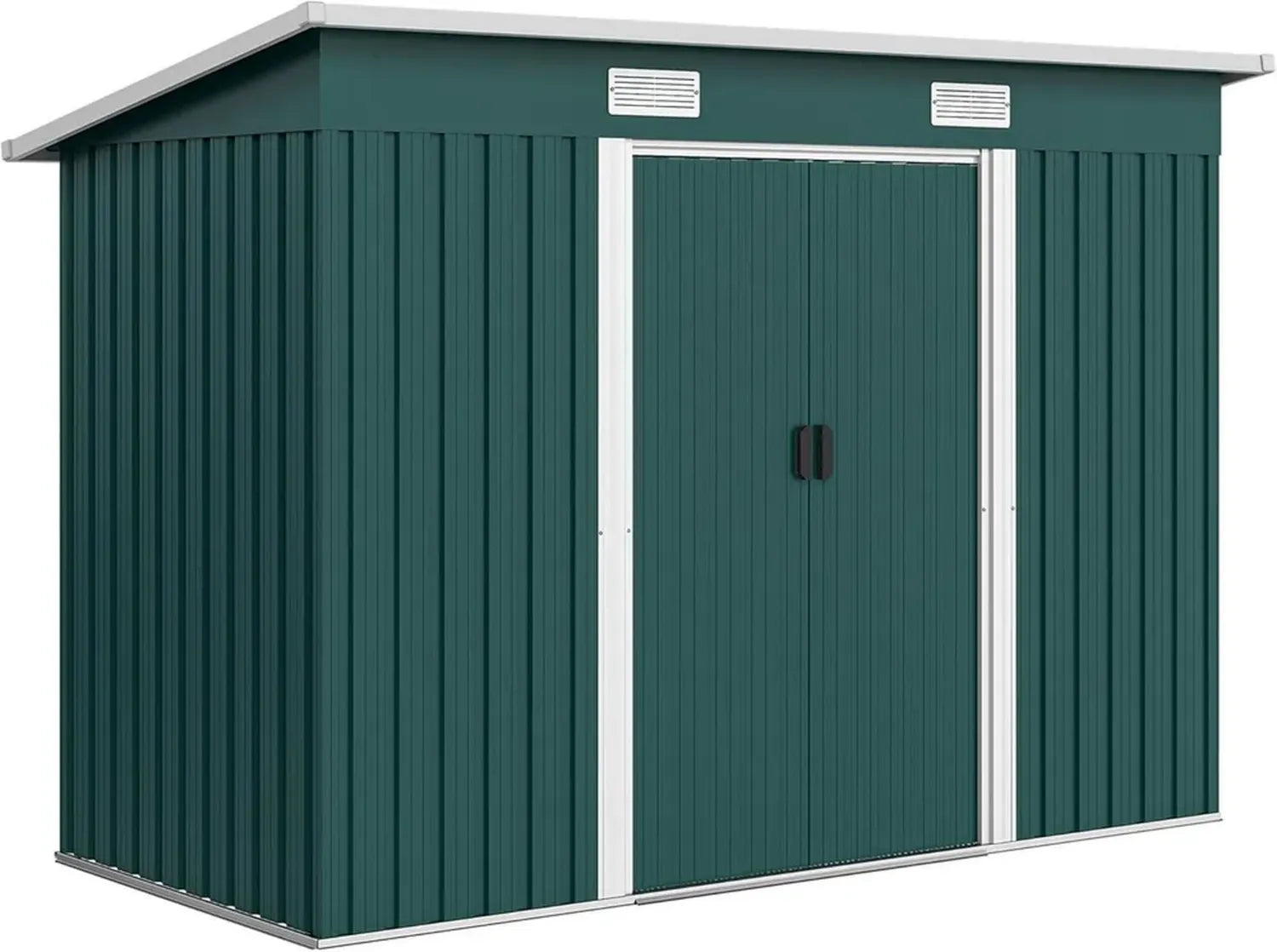 Outsunny Abri de Jardin Métallique 3,18 m² avec Ventilation, Cabane à Outils avec Portes Coulissantes et Serrure, Toit En Pente, Gants Inclus, 272x134x182 cm, Vert Foncé