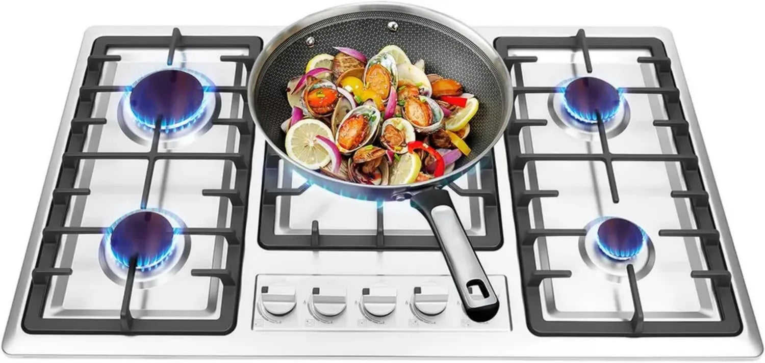 Plaque de Cuisson Gaz 5 Feux Inox avec Sécurité et Allumage Électronique, Grilles en Fonte, Encastrable ou à Poser, 86 cm, Usage Domestique ou Professionnel