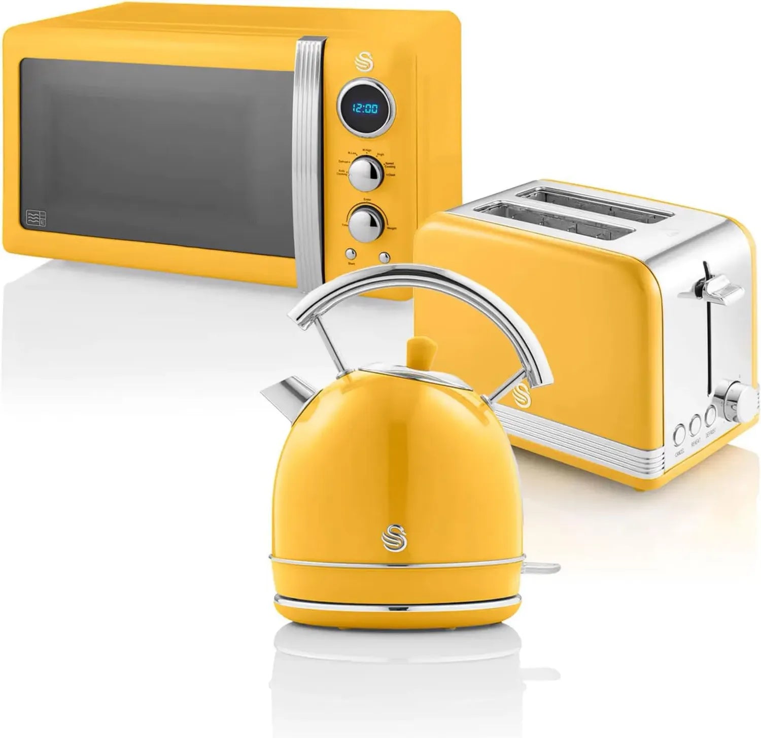 Swan Retro Set Petit-Déjeuner Vintage, Bouilloire 1,8 L, Grille-Pain 2 Tranches, Micro-Ondes Numérique 20L, Jaune