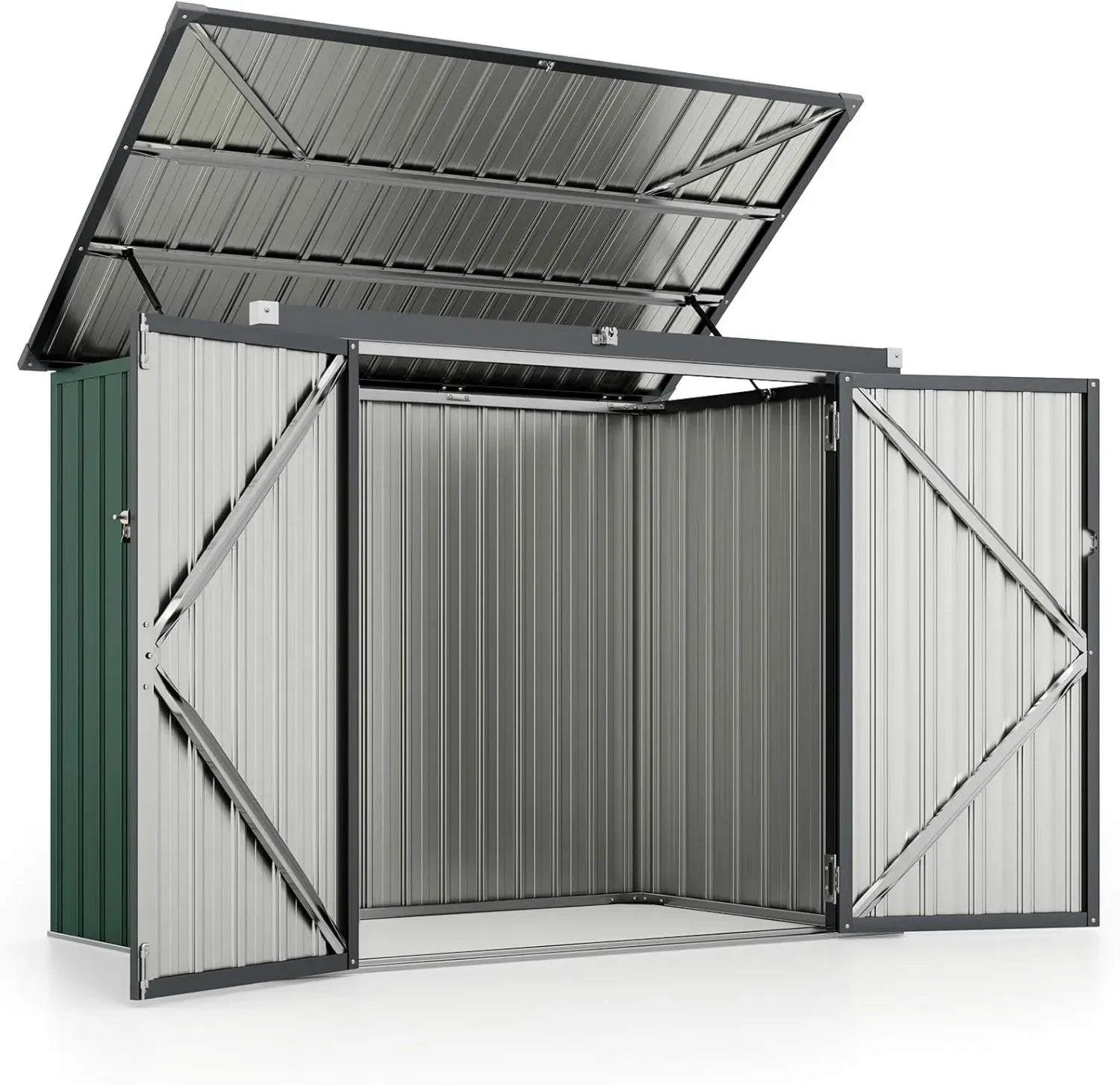 COSTWAY Abri de Jardin Métallique Verrouillable 1,5 m², Abri Extérieur pour Poubelle avec Toit Ouvert et Double Portes, Stockage Imperméable pour Vélos et Outils, Vert