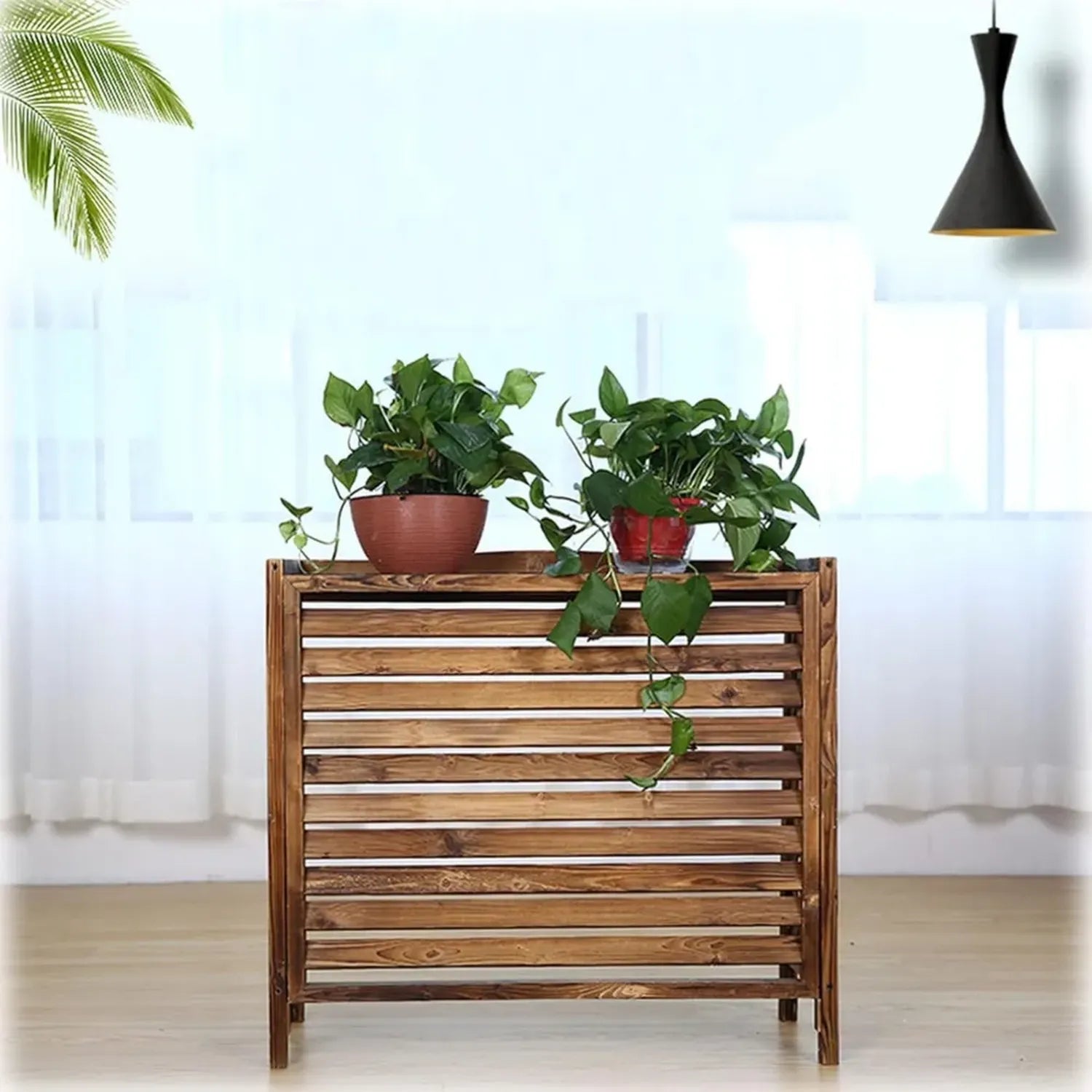Cache de climatiseur extérieur en bois brun avec étagère pour plantes et protection antivol et anti-poussière (110 x 50 x 85 cm)