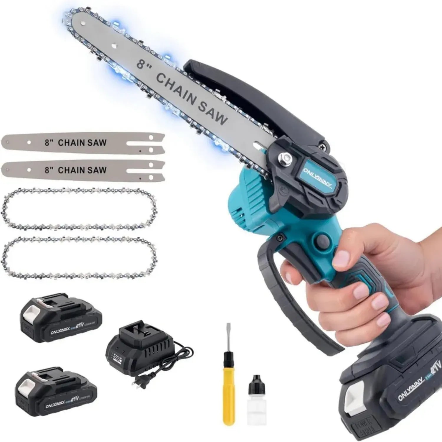 Mini Tronçonneuse Électrique sans Fil 8, Ensemble Complet: 2 Batteries, 2 Chaînes, Huilage Auto, Idéale pour Élagage