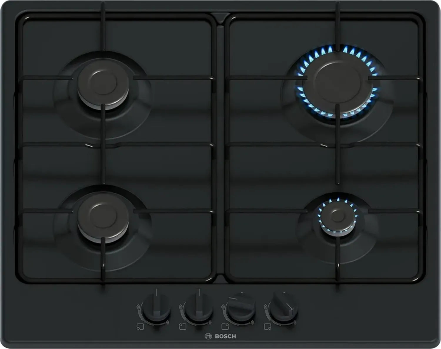 Plaque de cuisson gaz Bosch Série 4, 4 zones, 60 cm, noir, contrôle ergonomique