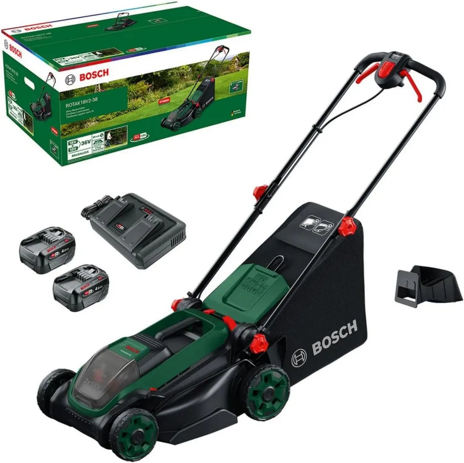 Tondeuse à Gazon Sans Fil Bosch ROTAK 18V2-38, 38 cm, 30-75 mm, Sac 40 L, Mulching, 2 Batteries et Chargeur