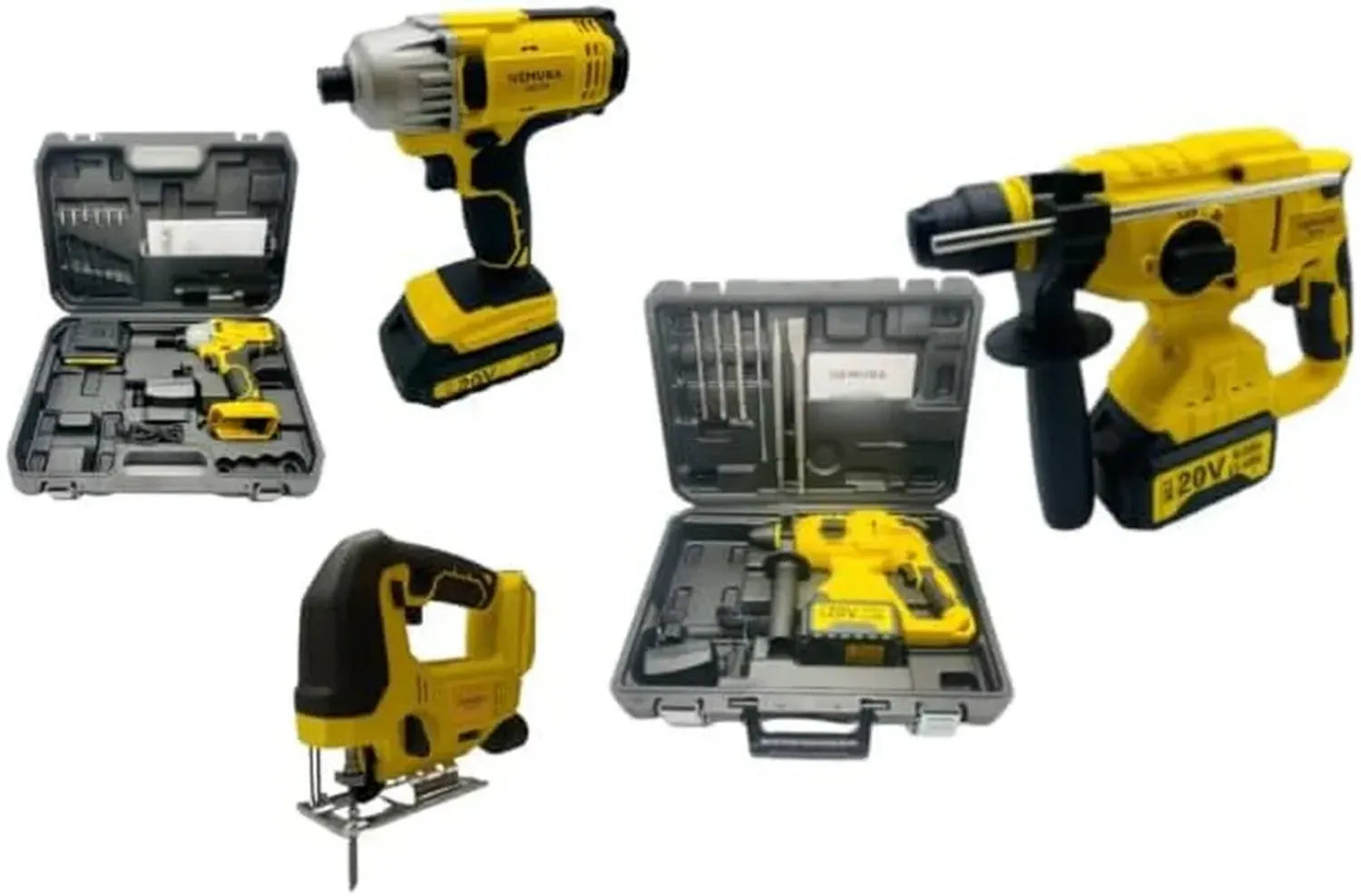 Ensemble 3 Outils Électriques 20V: Visseuse à Chocs, Marteau Perforateur et Scie Sauteuse avec 2 Batteries et Chargeur - Confort Softgrip